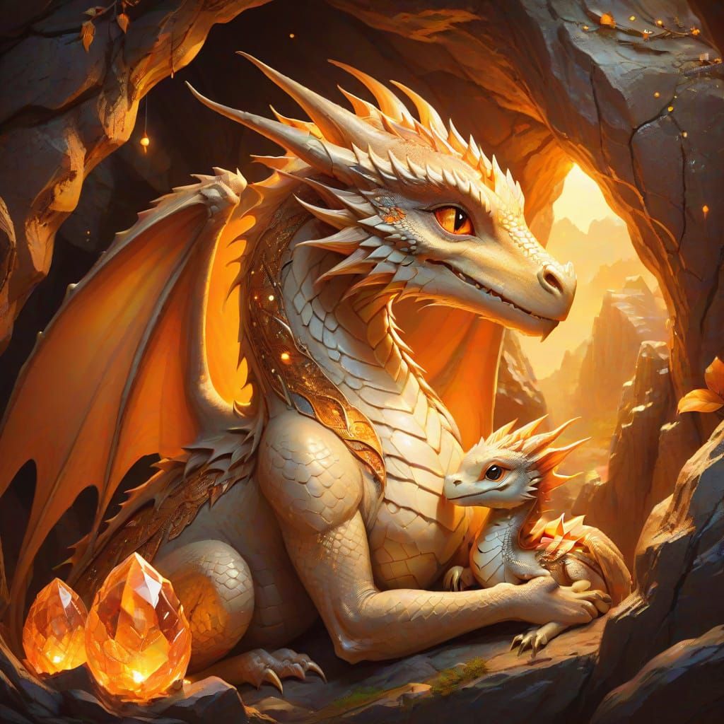 Whimsical Mother Dragon with Hatchling in Cozy Cave Setting