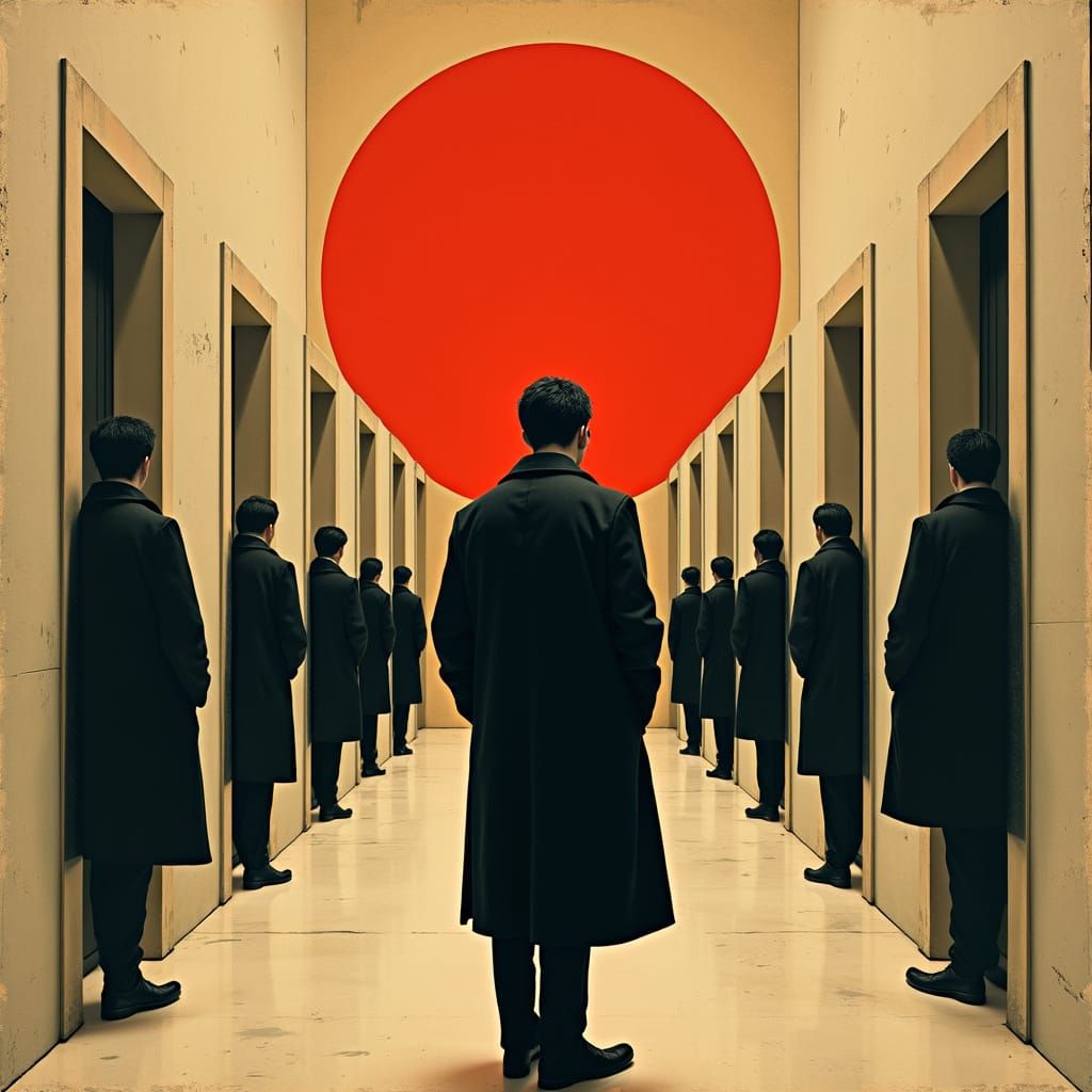 Surrealist Figures in Dark Coats, Art Deco-Inspired Collage