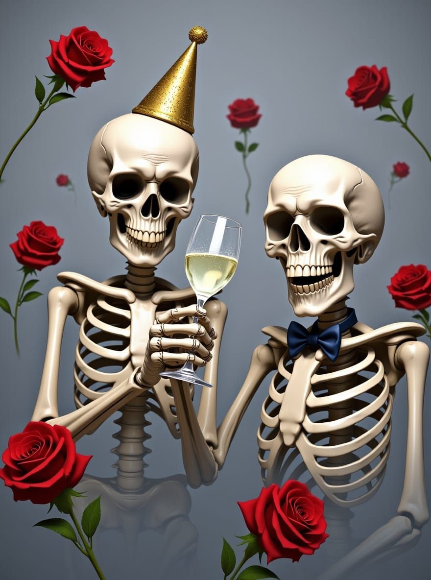 Happy Skeletons Toasting with Wine, Ethereal Fantasy Style