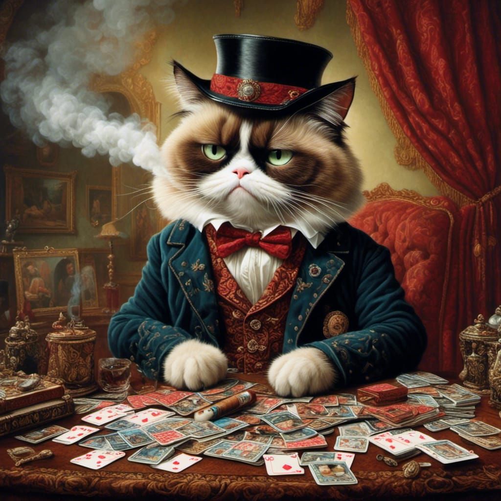 Grumpy Cats Play Cards in Dark Fantasy Style