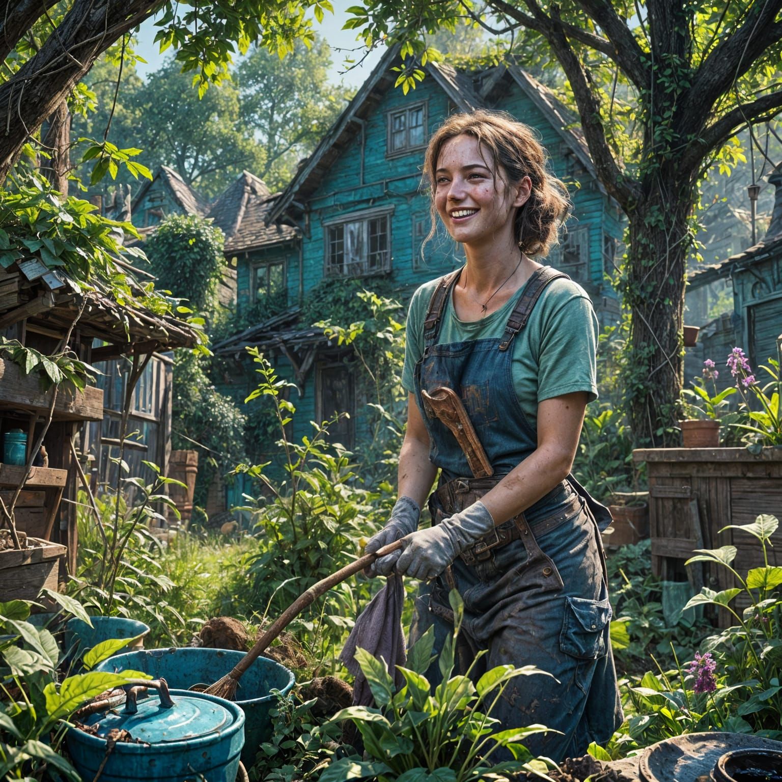 Happy Woman Cleaning: Detailed Matte Painting in Deep Color