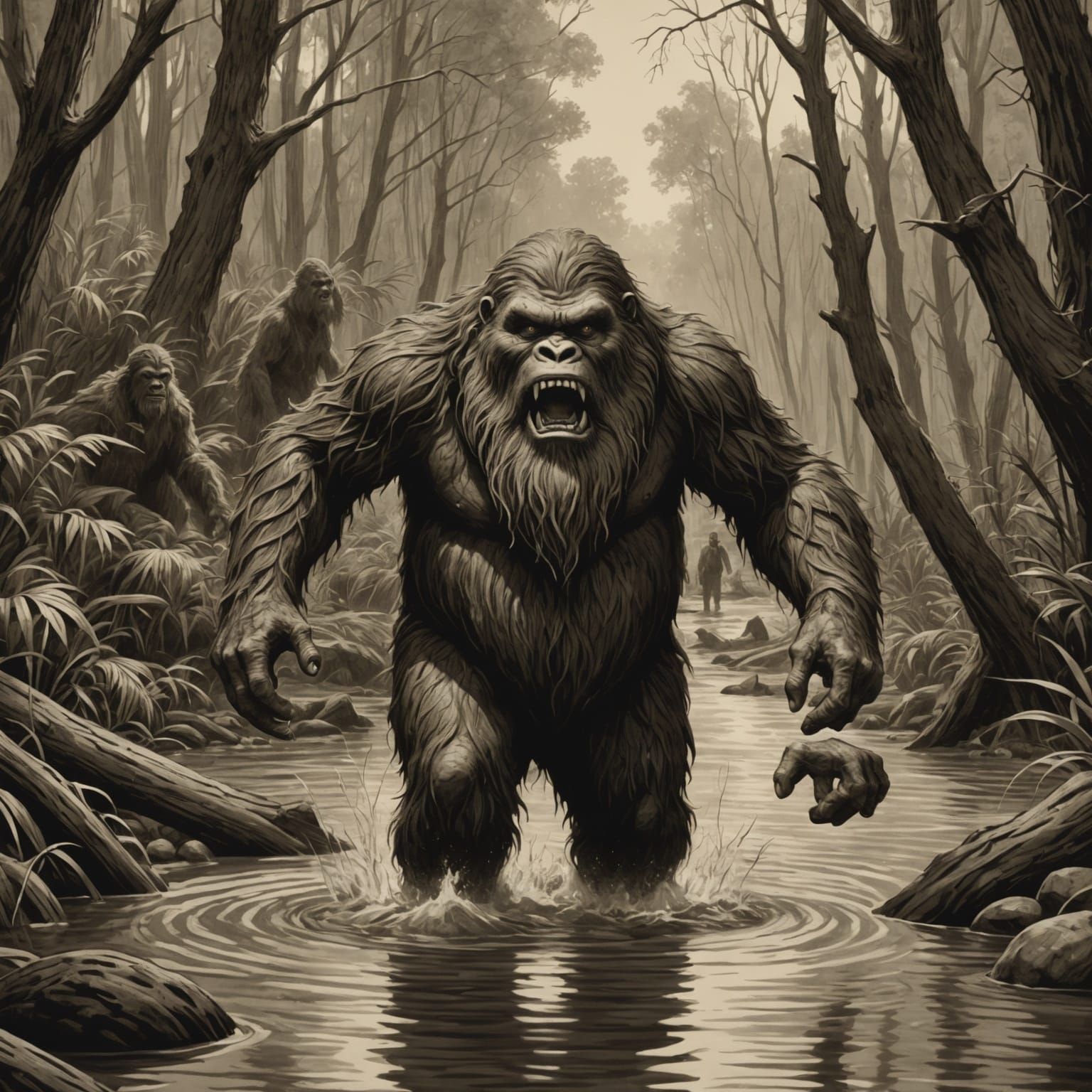 Yowie with Beard Sneaking Up on Woman in Creek