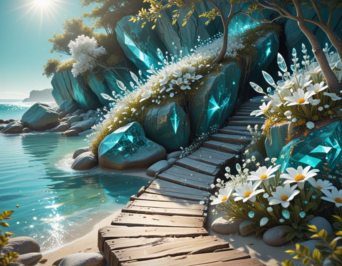 Surreal Beach Scene with Glowing Flowers and Crystals