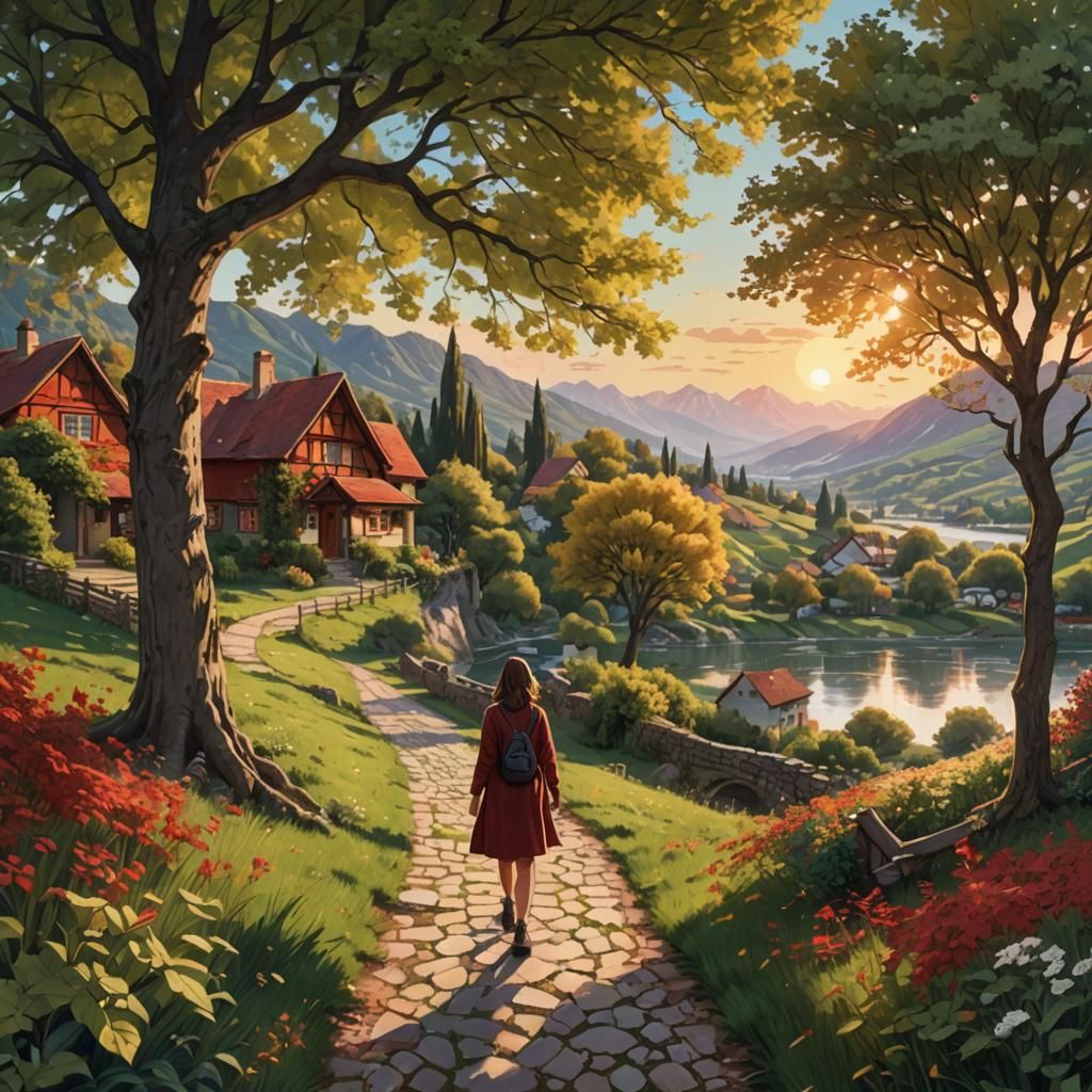 Hyperrealistic Riverside Path with Red Cottages and Sunset