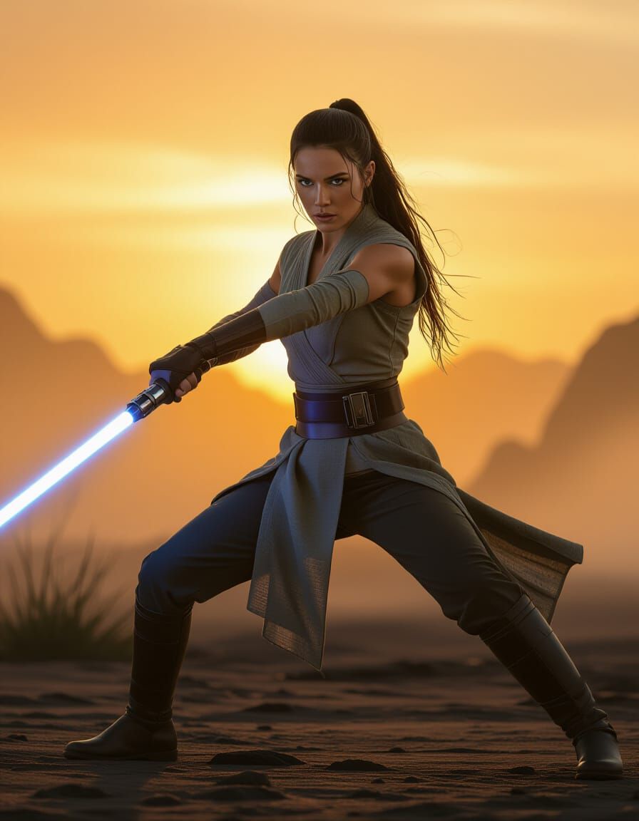 Muscular Jedi Knight Woman with Blue Lightsaber at Sunset