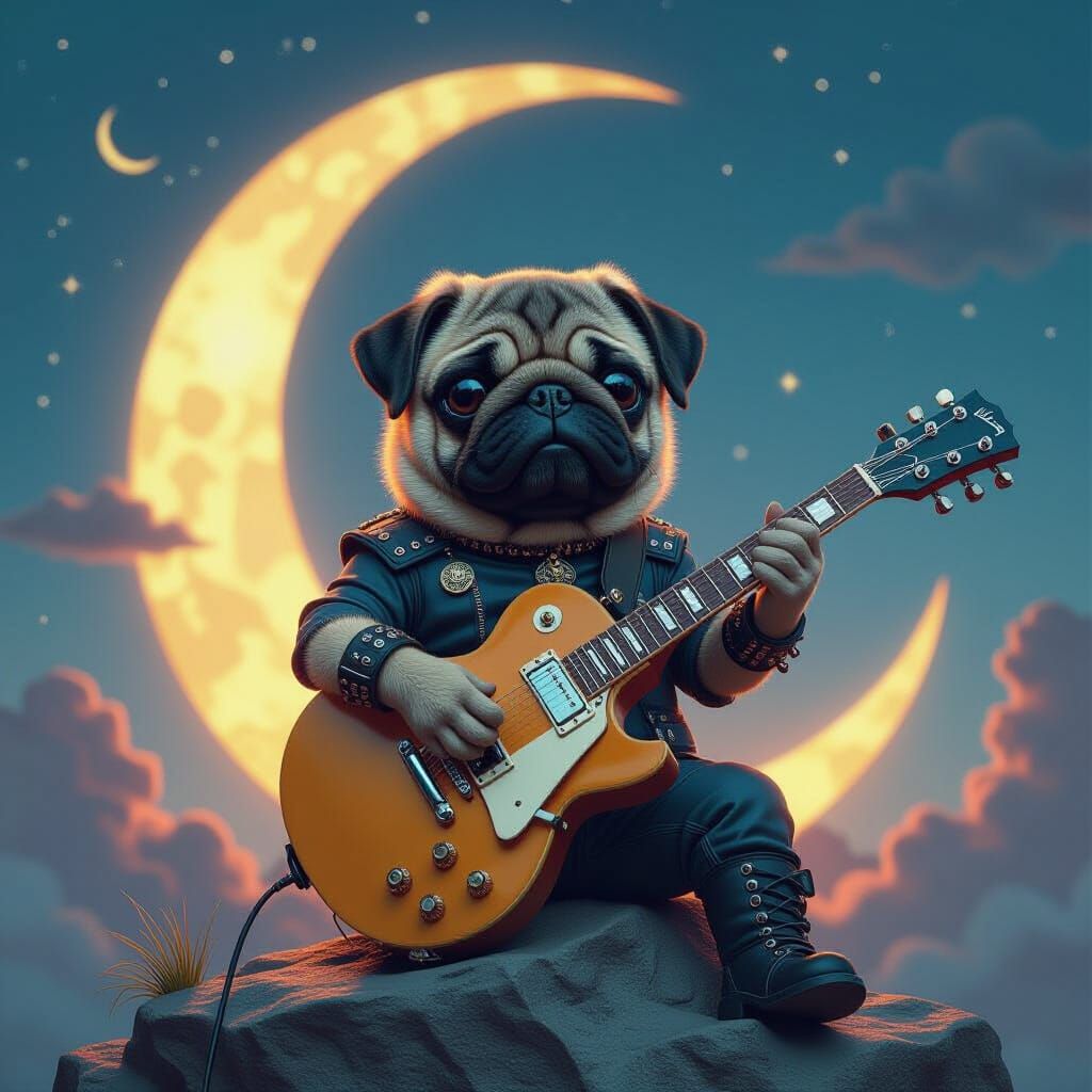 Pug Rock Star Under a Crescent Moon