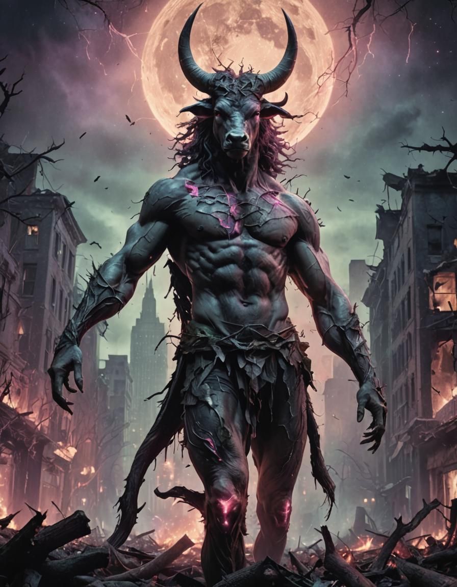 Ox-like Man in Ruined City, Surreal Digital Art