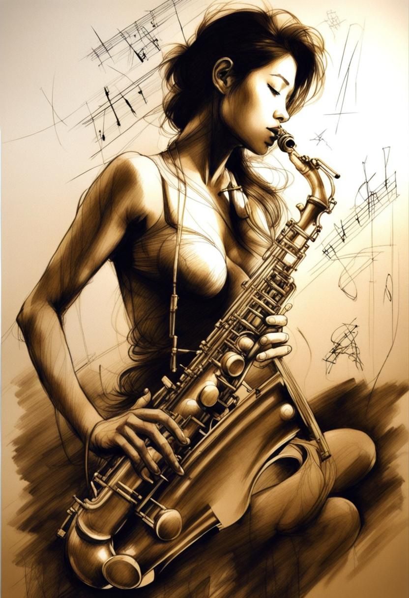 Woman Playing Saxophone: Pencil and Ink Sketch