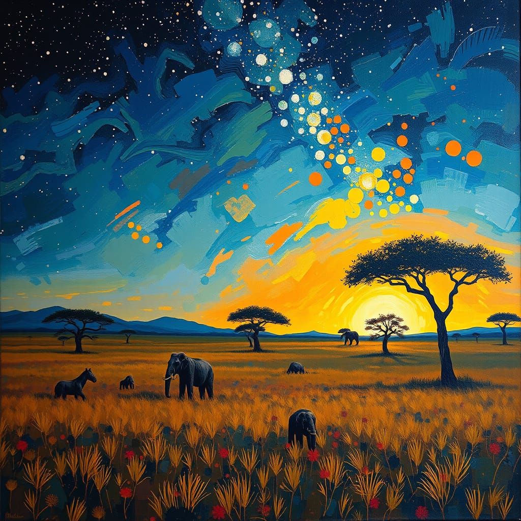 African Savannah Night in Expressive Gouache Style