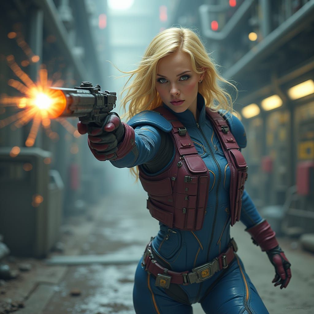 Futuristic Woman Warrior in High-Tech Factory Combat