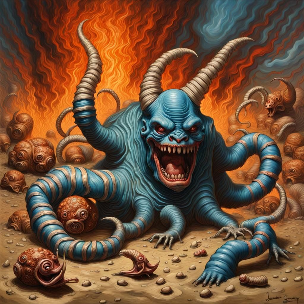 Horrific Demon-Snail Battle in Hellscape, Matte Painting