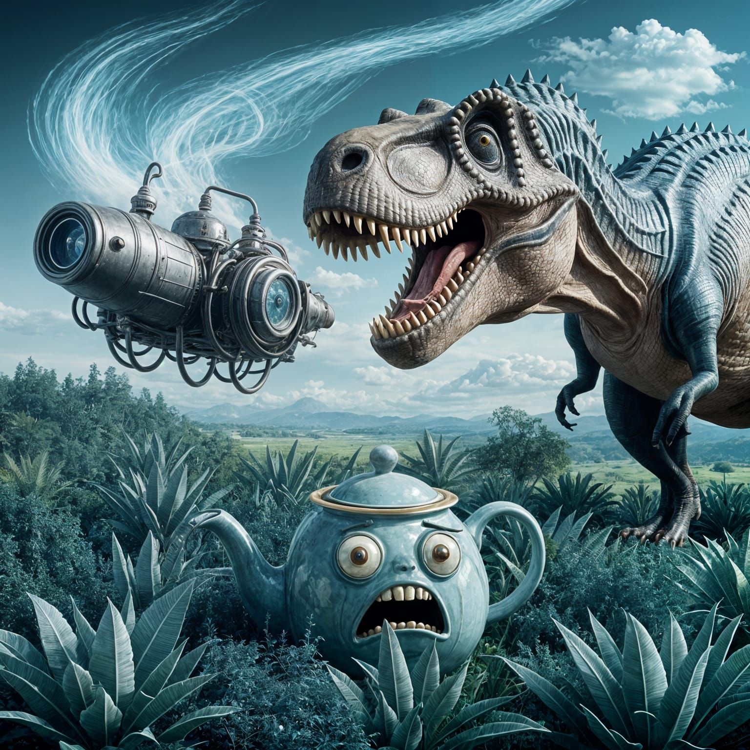 Terrified Teapot Hides from T-Rex Amidst Prehistoric Plants