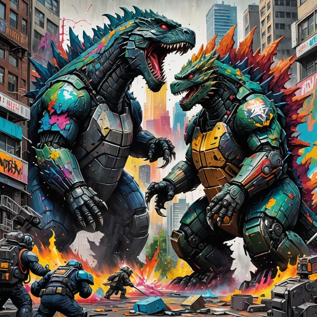 Godzilla vs Mech Battle in Graffiti Art Style