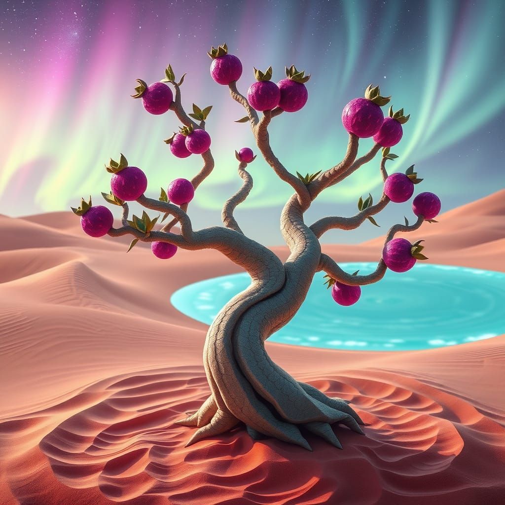 Surreal Bonsai Oasis with Dragonfruit and Mandala Patterns