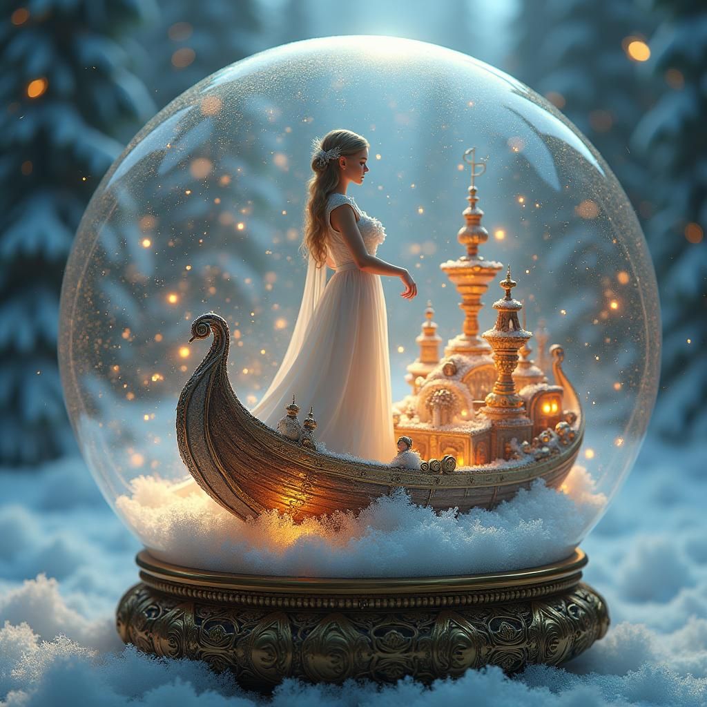 Woman Sails Dreamscape in Snow Globe, Fantasy Concept Art