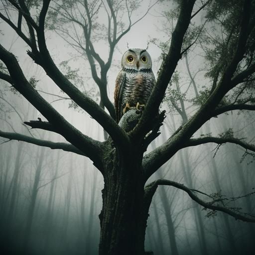 Angelic White Owl on Ancient Branch in Cinematic Style