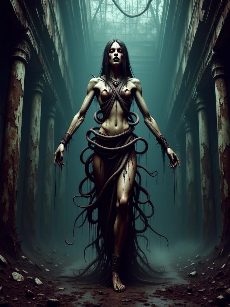 Surreal Goddess of the Night Dances with Snakes in a Haunted...
