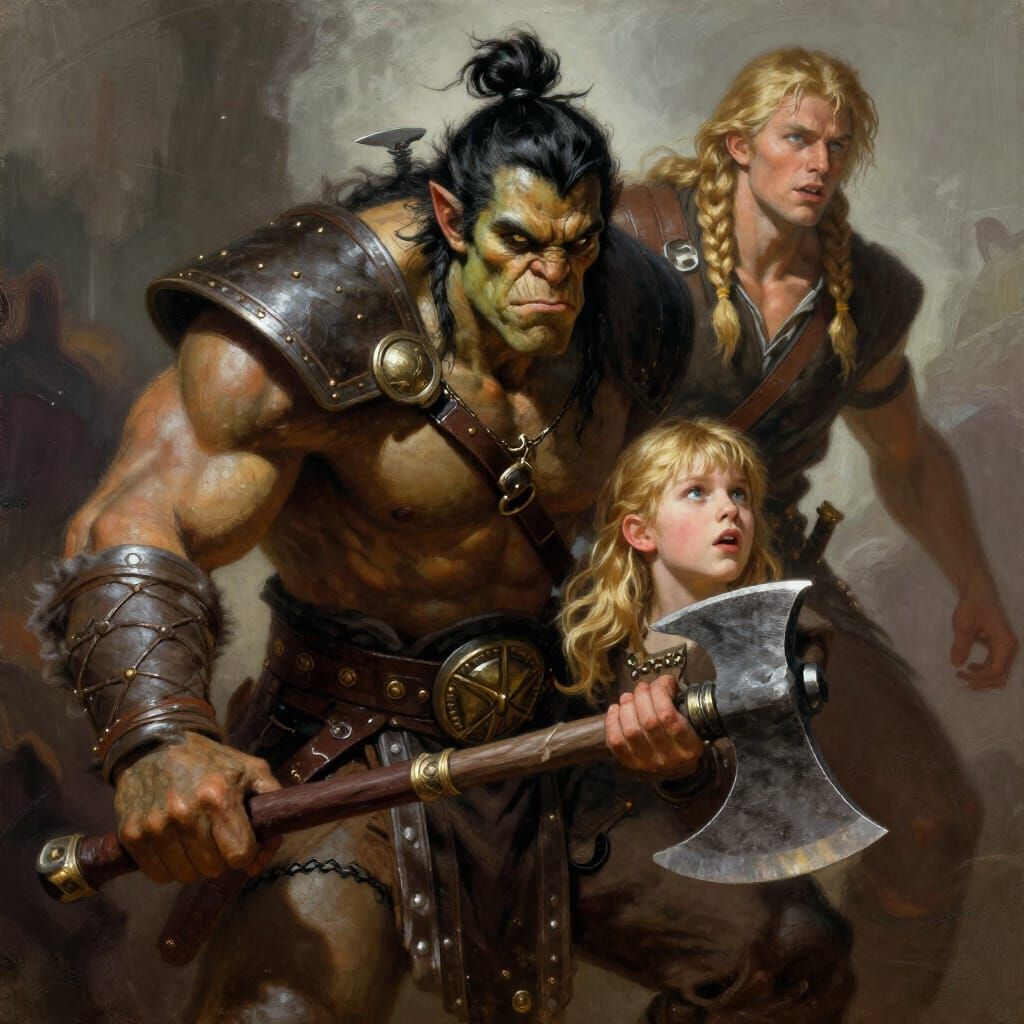 Orc Warlord Defends Young Man in Fantasy Art