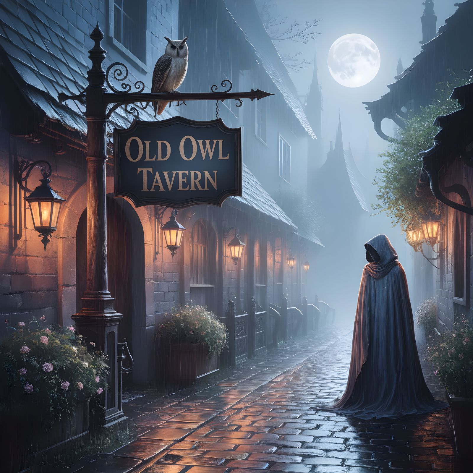 Old Owl Tavern Signpost in Ethereal Moonlight
