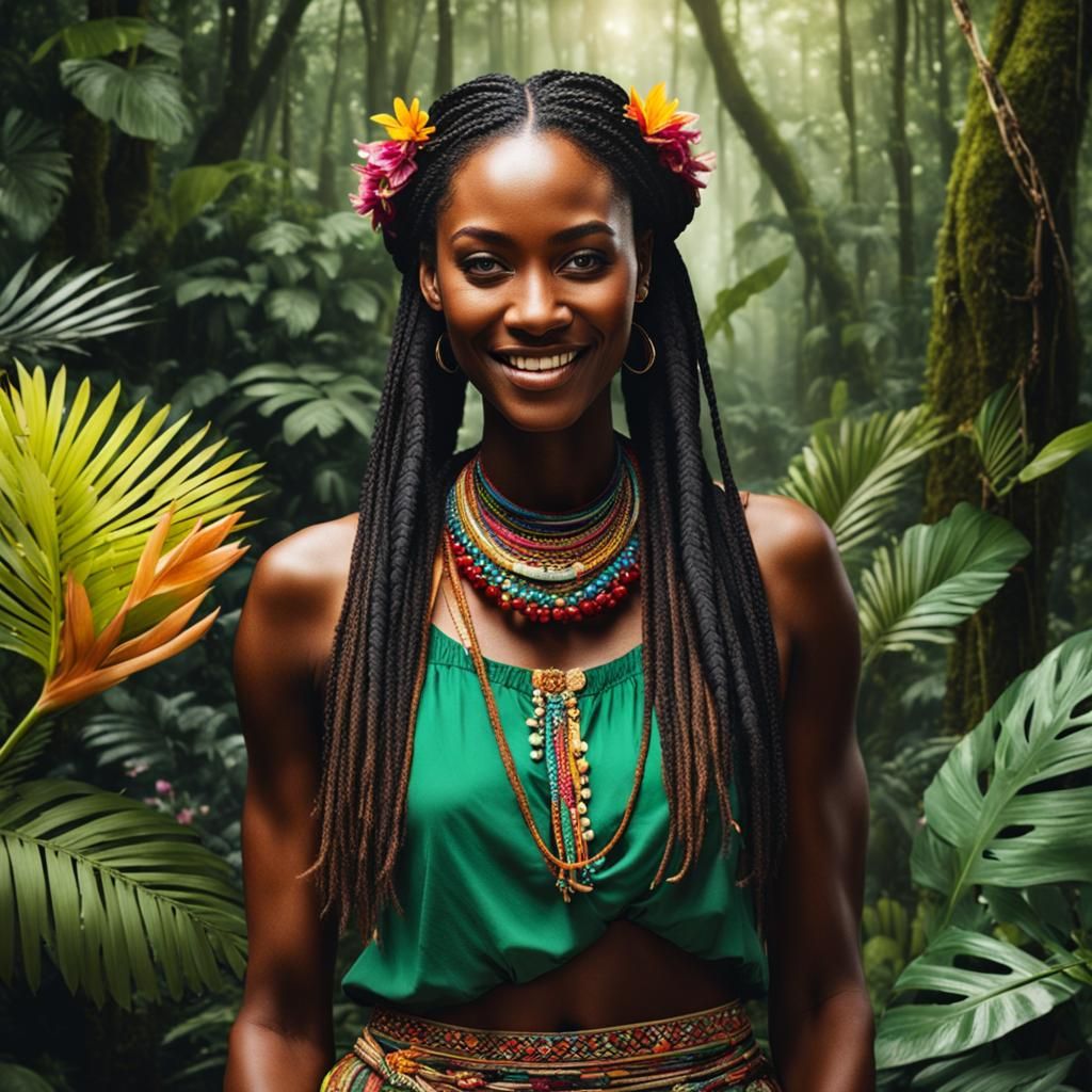 Beautiful African Woman in Rainforest with Flowers