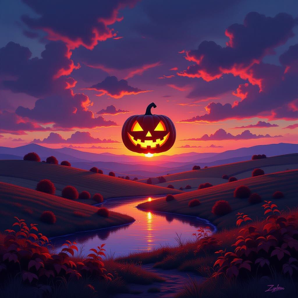 Eerie Sunset Jack-o'-Lantern Sky Over Autumn Hills