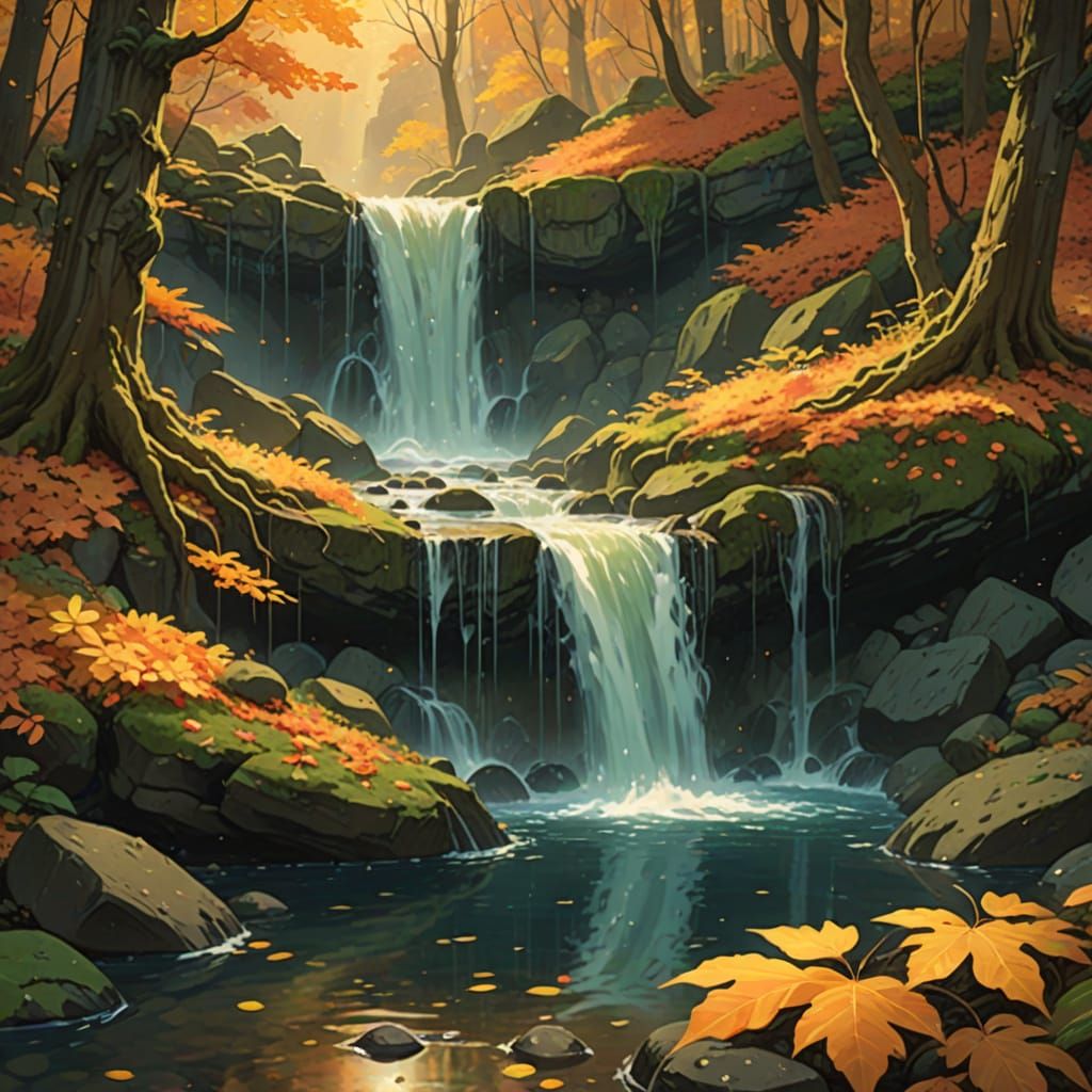 Magical Hidden Waterfall in Glowing Autumn Forest