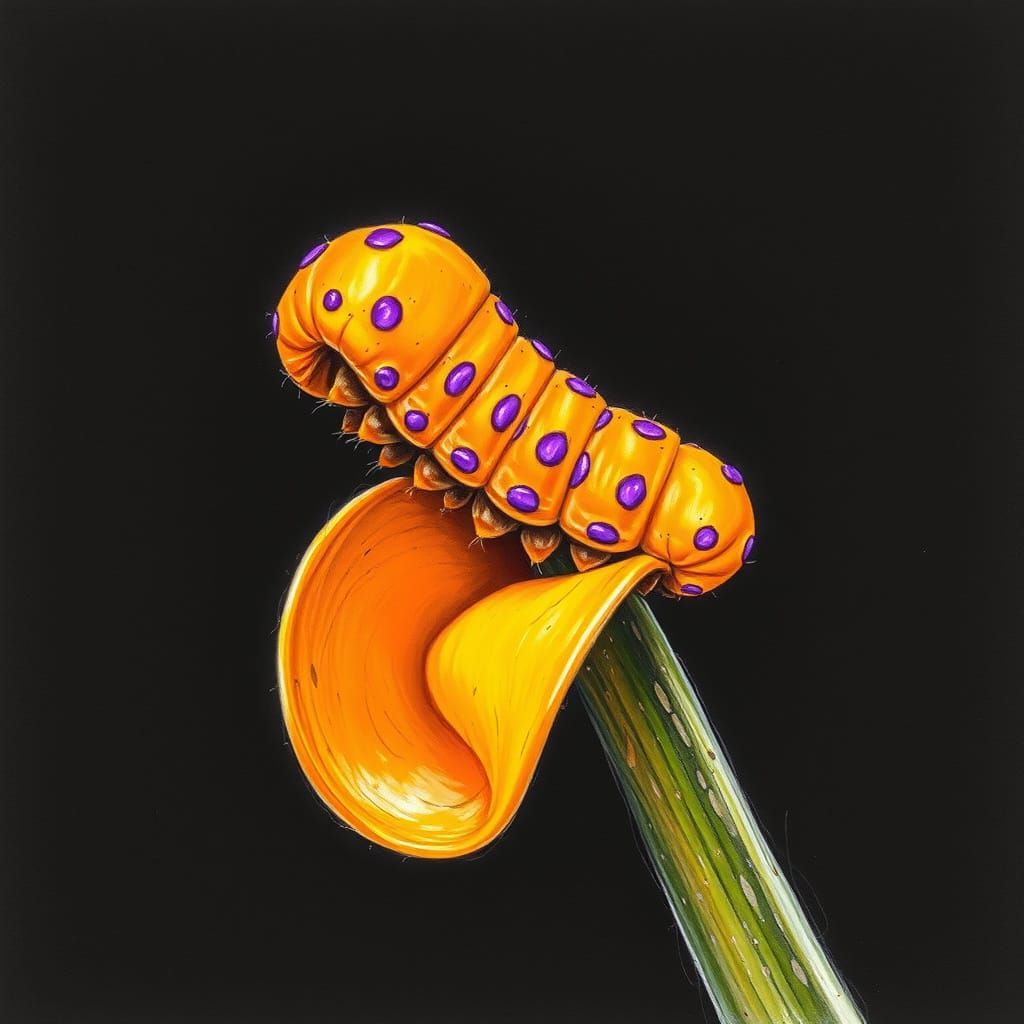 Charcoal Caterpillar Perched on Orange Leaf