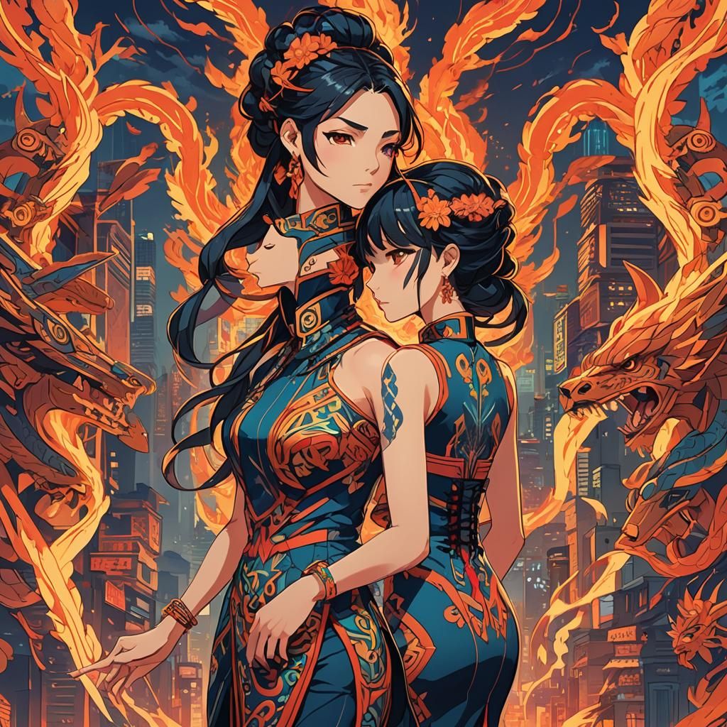 Aztec-Inspired Woman in Cyberpunk Neon Cityscape