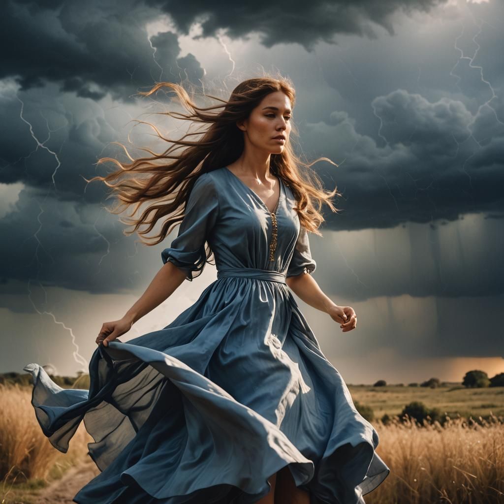 Girl on Horseback in Storm with Ethereal Lighting