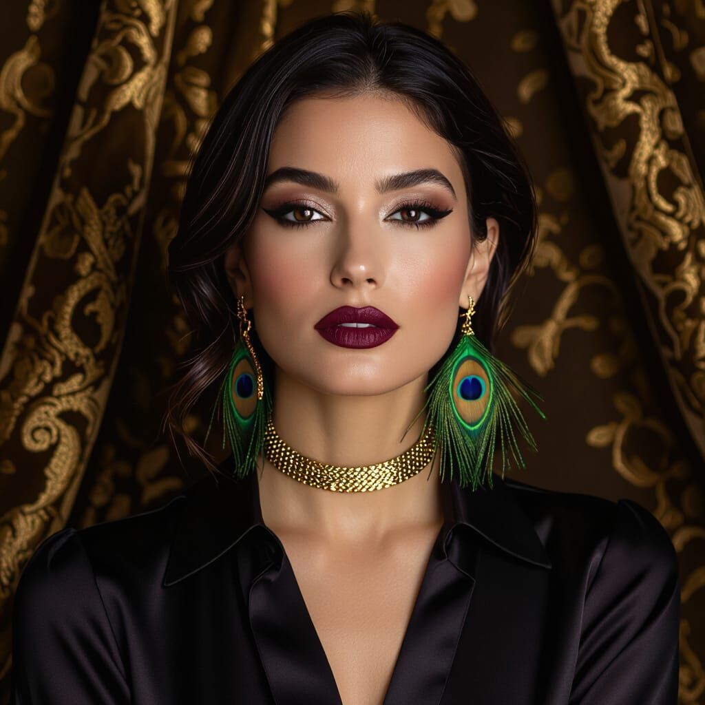 Powerful Woman with Peacock Earring in Rembrandt Style