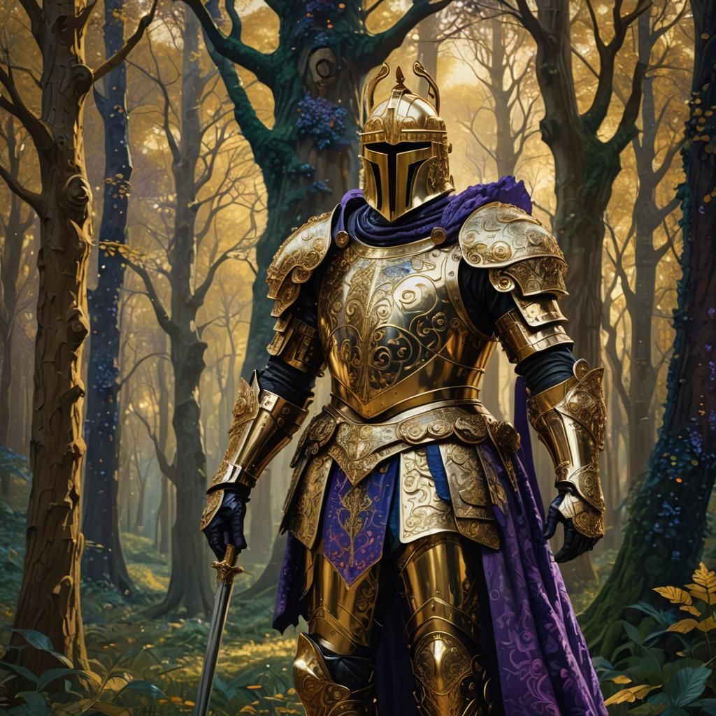 Golden Knight in Mystical Forest, Klimt-Inspired Art