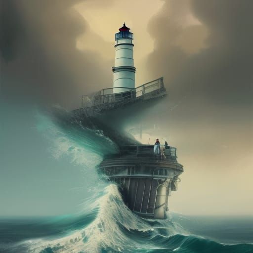Lighthouse Collapsing into Stormy Ocean, Elaborate Digital A...