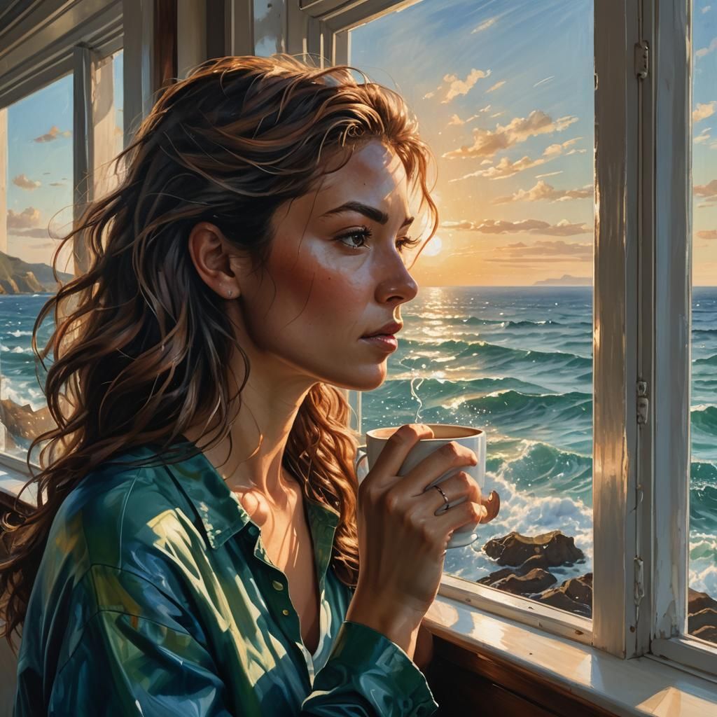 Young Woman Sipping Coffee, Hyperrealistic Splash Art