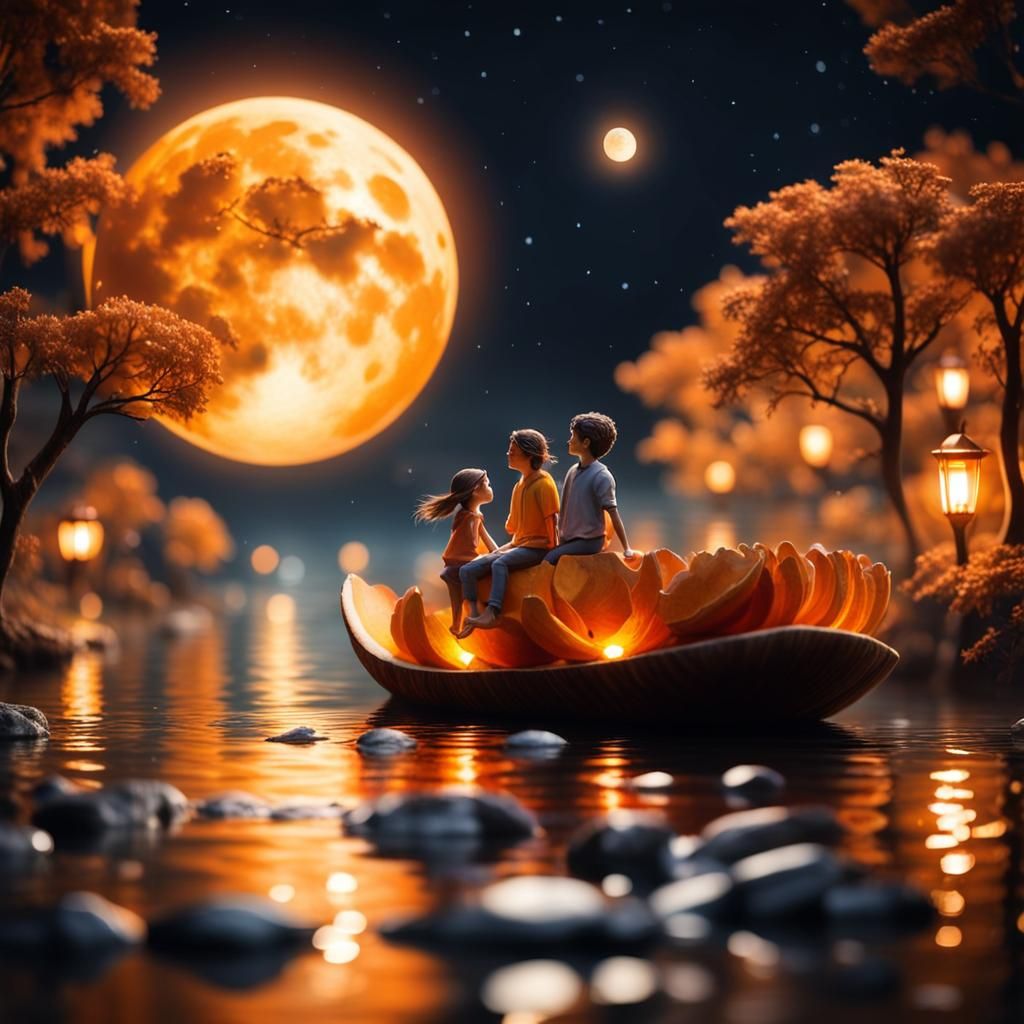 Miniature Children Float on River Under Orange Moon