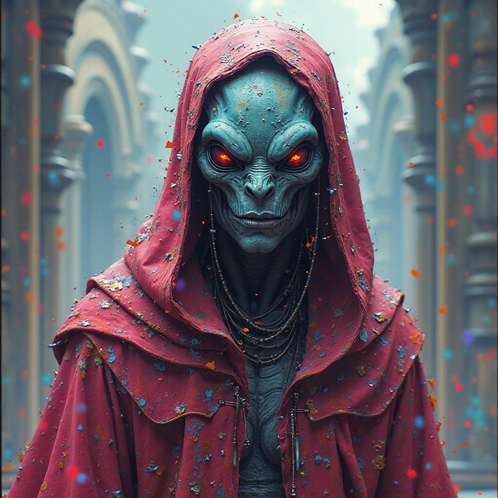 Alien Portrait with Digital Glitches in Comic Book Style