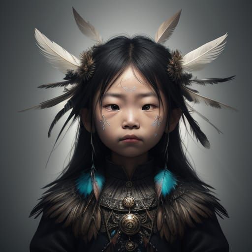 Sad Asian Baby on Feathers in Surreal Mindscape