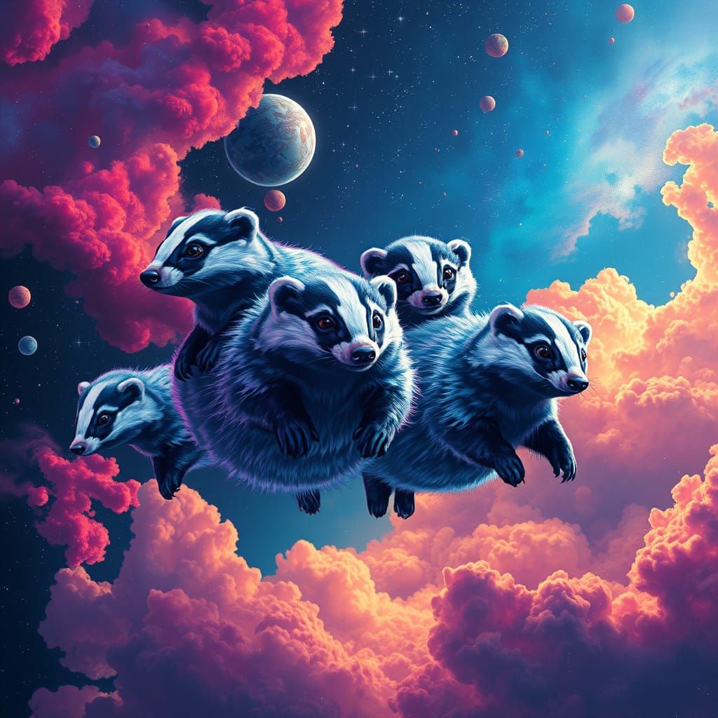 Iridescent Space Badgers in Vibrant Hyper-Realistic Cosmos