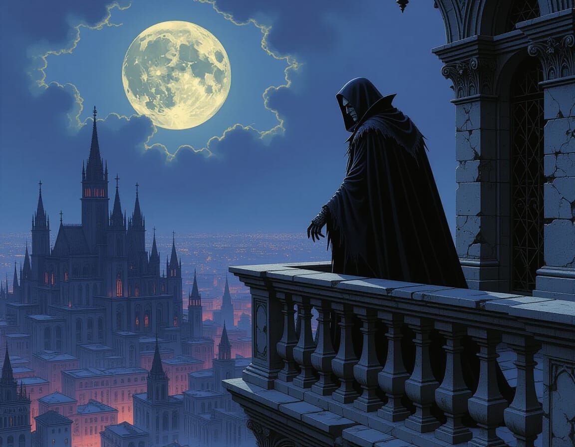Ancient Vampire on Gothic Balcony Overlooking Moonlit City