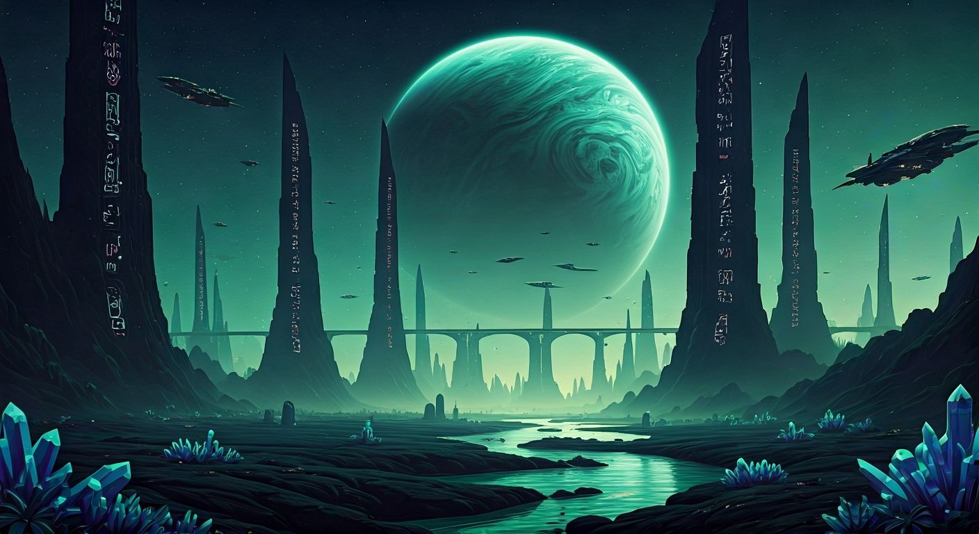 Futuristic Alien Cityscape at Night in Cyberpunk Style