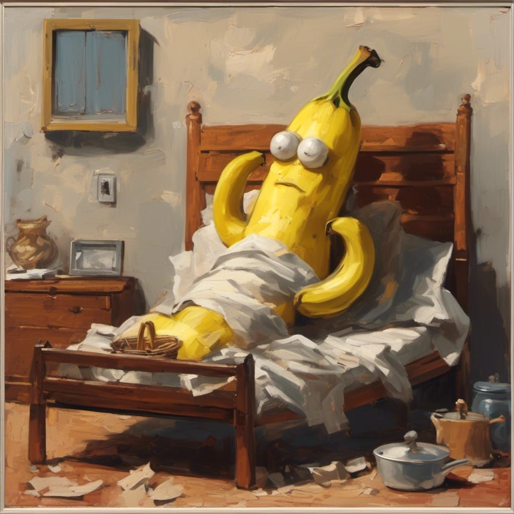 Sad Cartoon Banana Aches in Bed: Oil Painting