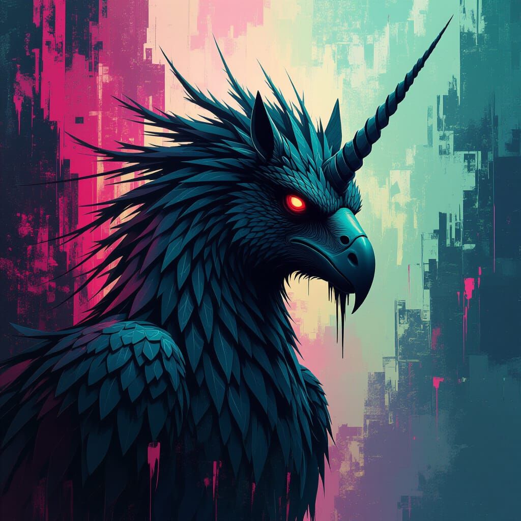 Surreal Hippogriff Melts into Digital Static: Glitch Art