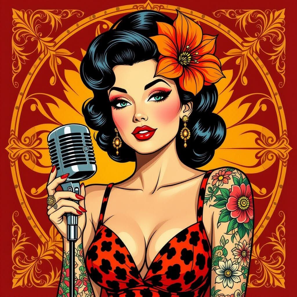 1950s Pin-Up Singer with Tattooed Arms in Art Deco Style
