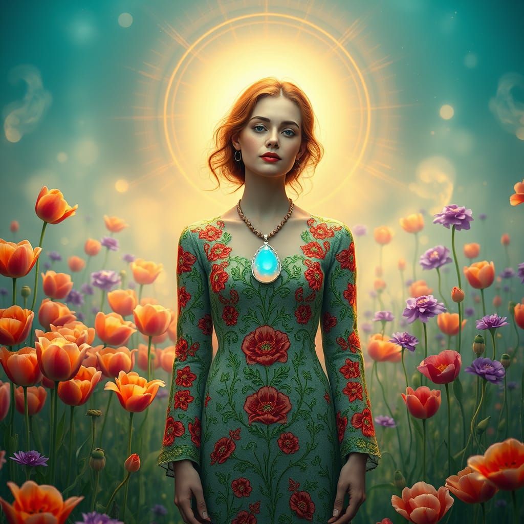 Woman in Floral Dress in Lush Garden