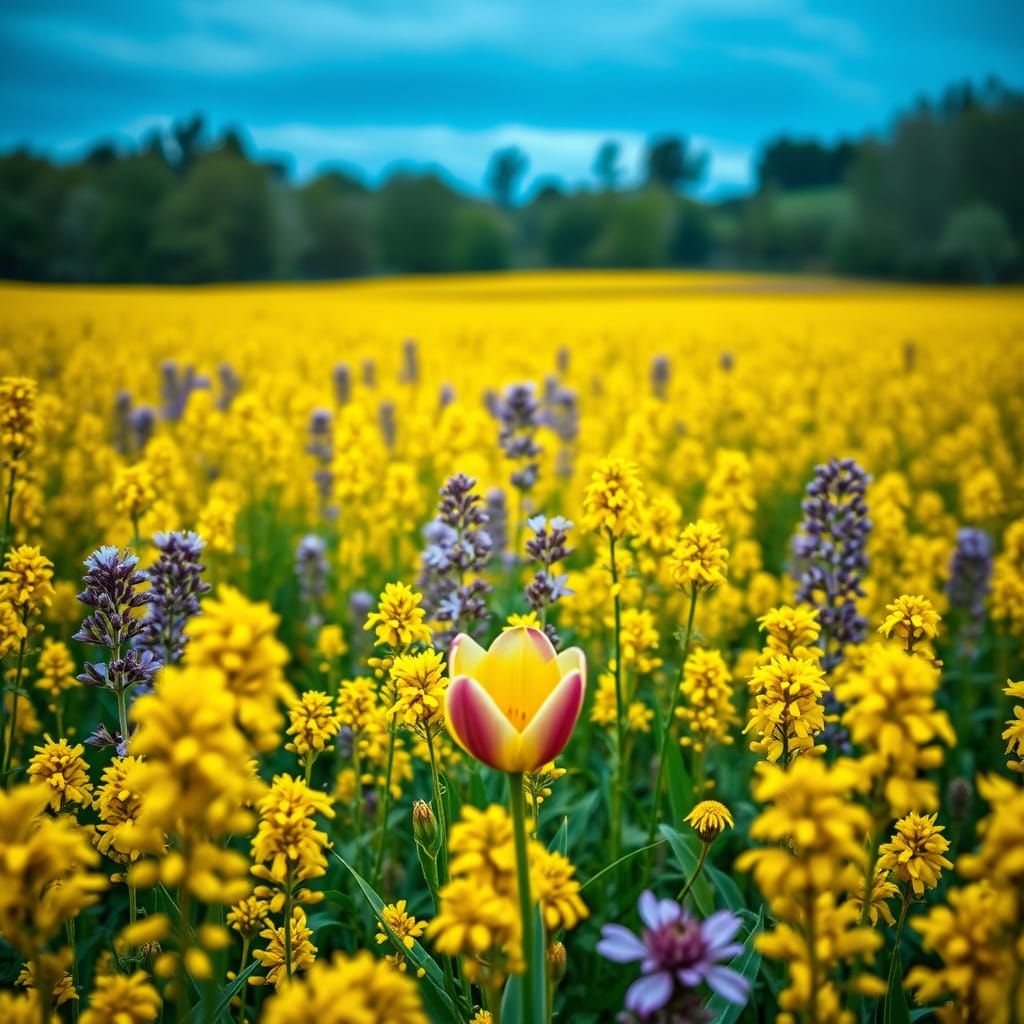 Hyperrealistic Field of Goldenrod and Purple Flowers