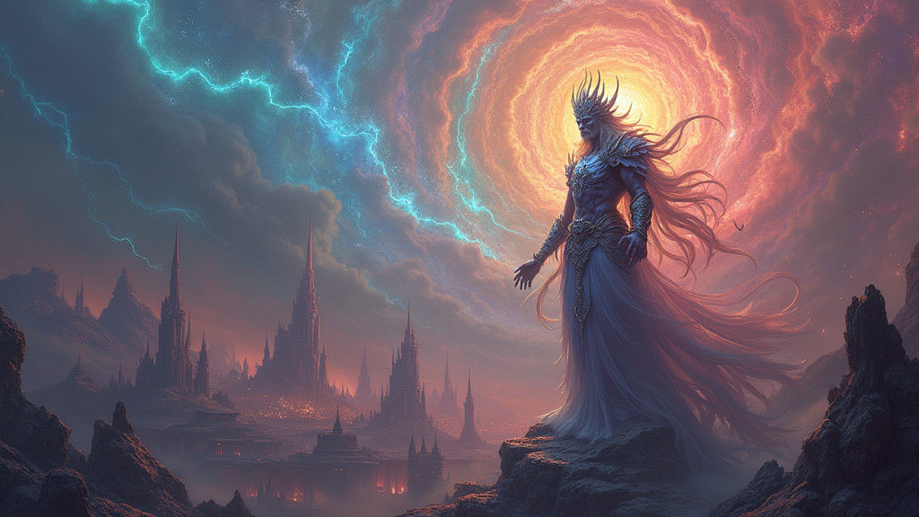 Vanadium Deity Overlooks Mystical Cityscape