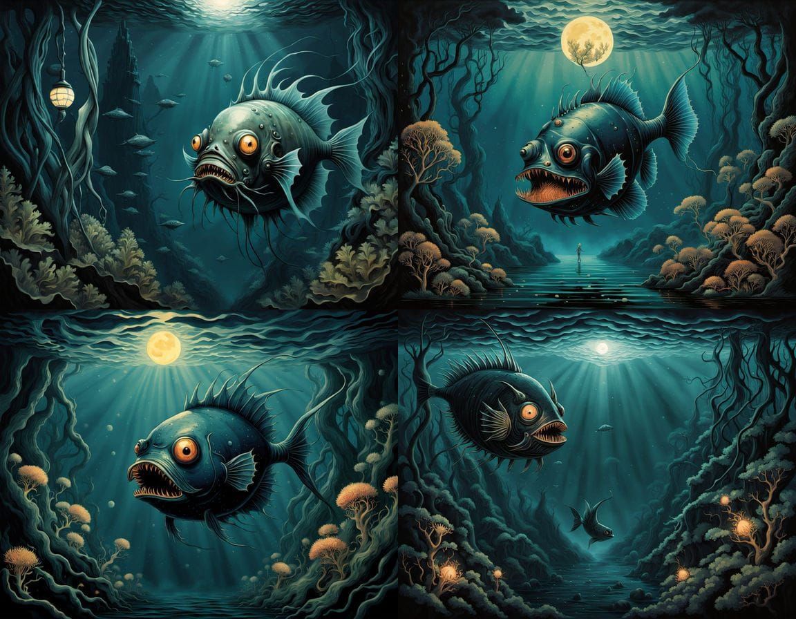 Bioluminescent Anglerfish with Heart Lure in Ukiyo-e Style