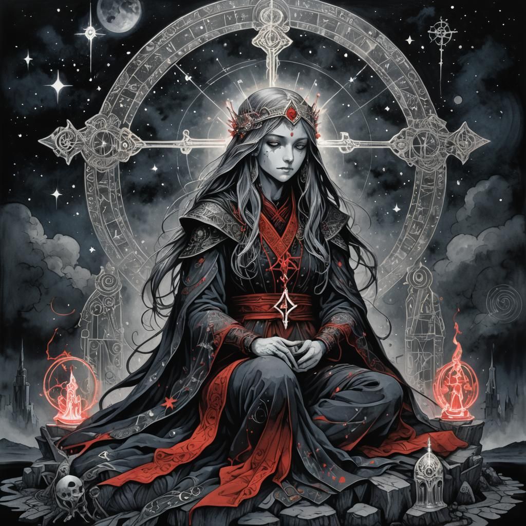 High Priestess Tarot Card in Dark Fantasy Anime Style