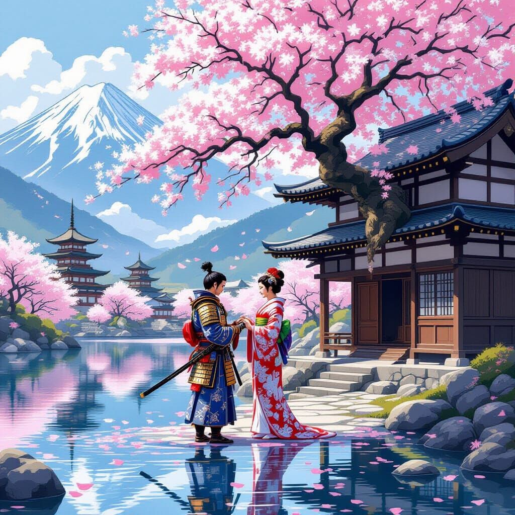 Samurai Warrior and Sakura Tree in Ukiyo-e Style