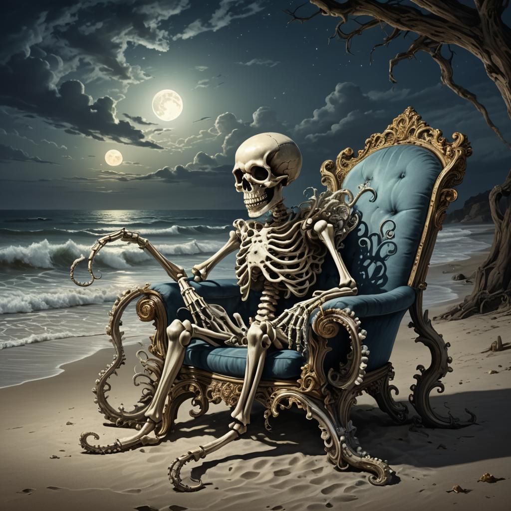 Skeleton Smokes on Moonlit Beach in Baroque Chair