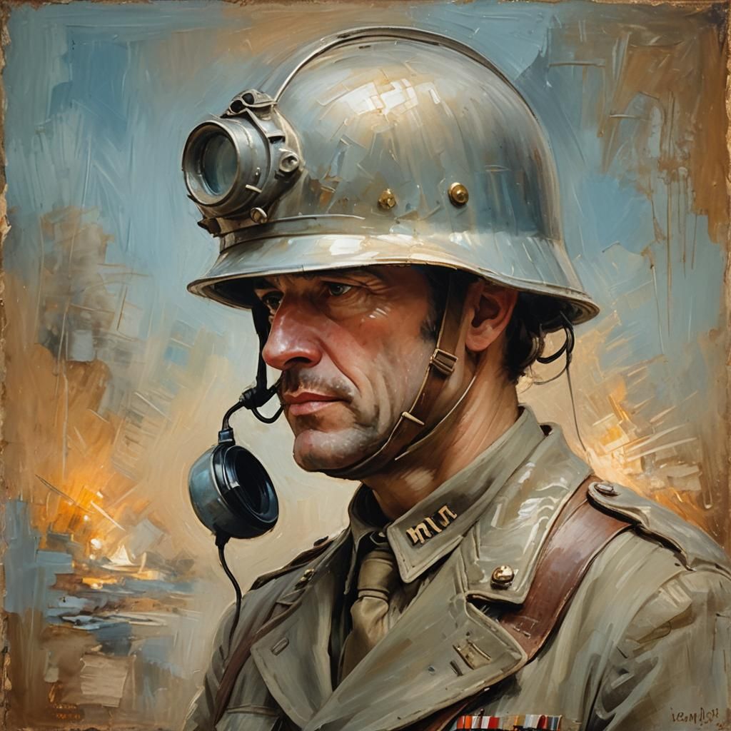 Man with Phone in WWI Helmet, Impressionistic Style